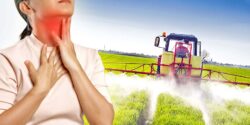 woman holding thyroid and tractor spraying pesticides