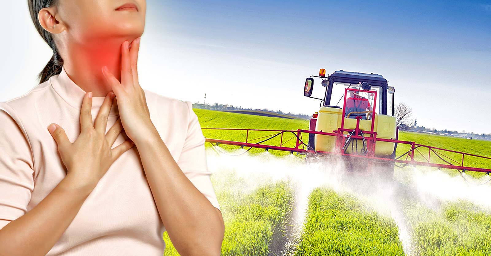 woman holding thyroid and tractor spraying pesticides