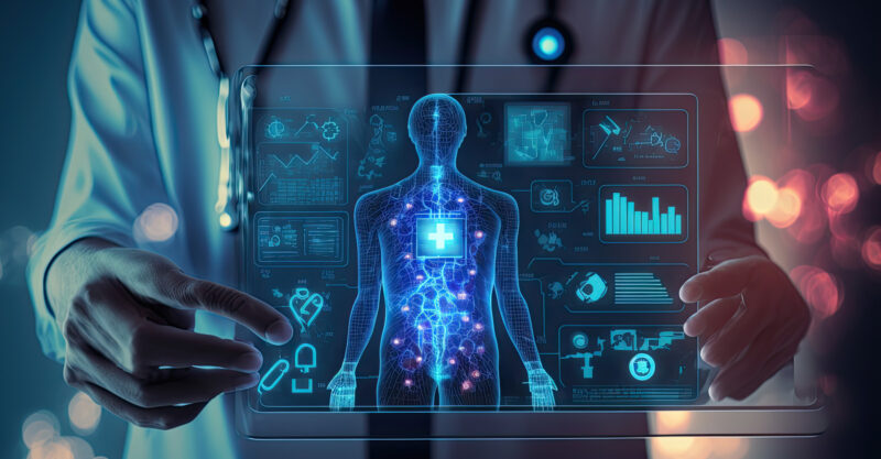 Illustration of doctor holding digital read out of human body health points.