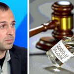 Timothy Rivicci and covid vaccine bottles with gavel