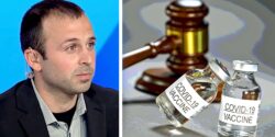 Timothy Rivicci and covid vaccine bottles with gavel