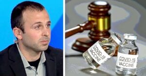Timothy Rivicci and covid vaccine bottles with gavel