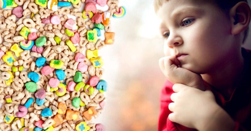 kids cereal and sad boy