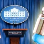 white house logo and vaccine bottle
