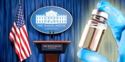white house logo and vaccine bottle