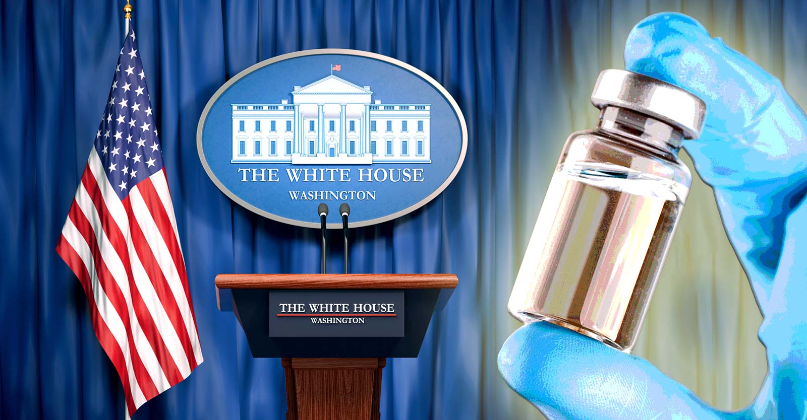 white house logo and vaccine bottle
