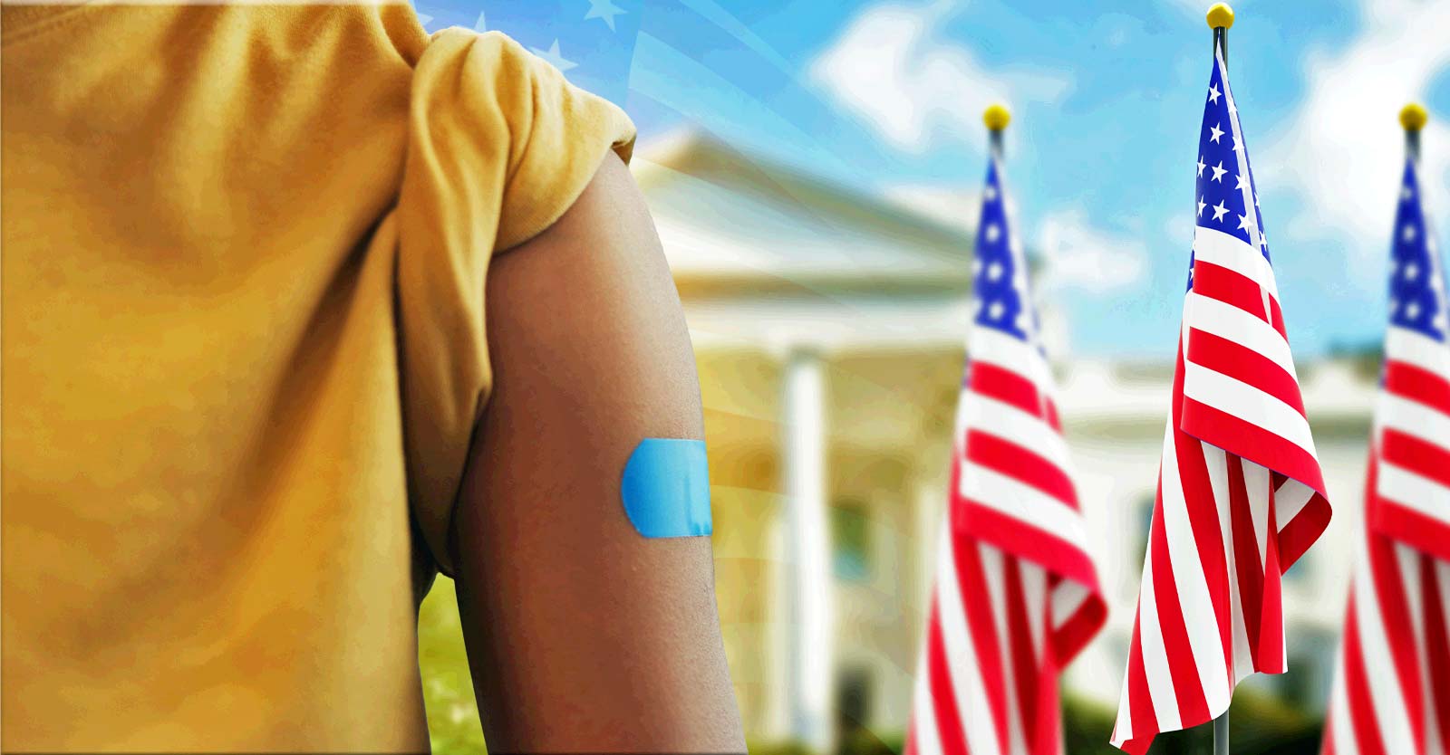 child with arm band aid and white house