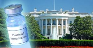 white house and vaccine bottle