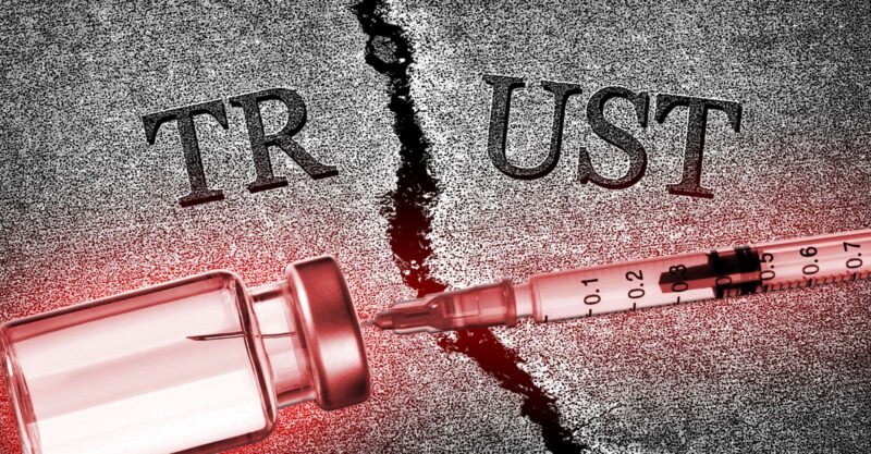 word "trust" and vaccine bottle
