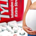 tylenol bottle and pills and pregnant woman