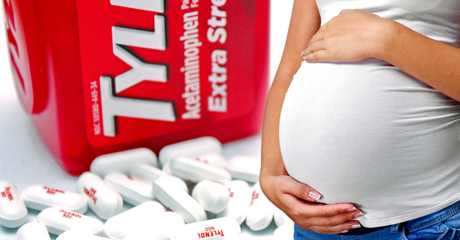 tylenol bottle and pills and pregnant woman