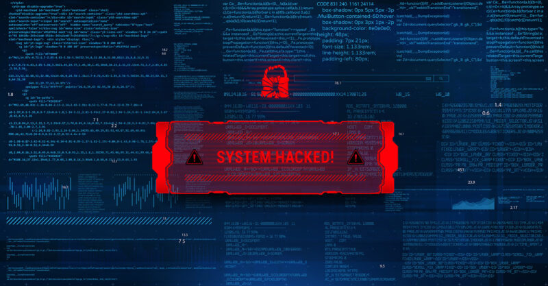 System hacking with info message. Background with a code on a blue background