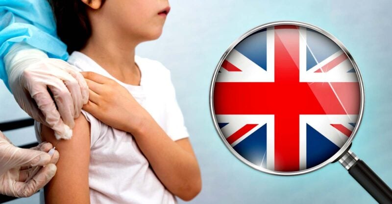 child getting vaccine and U.K. flag inside magnifying glass