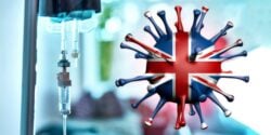 uk flag covid spike protein and hospital iv drip