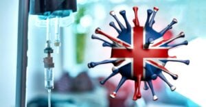 uk flag covid spike protein and hospital iv drip