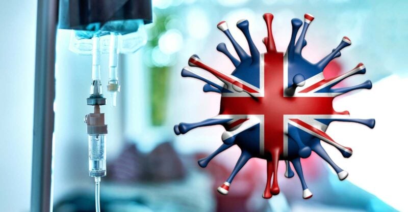 uk flag covid spike protein and hospital iv drip
