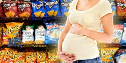 chips aisle at grocery store and pregnant woman
