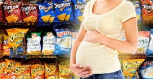 chips aisle at grocery store and pregnant woman