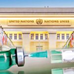 UN building and vaccine bottle