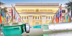 UN building and vaccine bottle