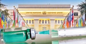 UN building and vaccine bottle