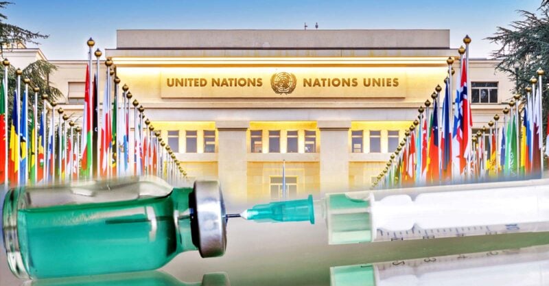 UN building and vaccine bottle