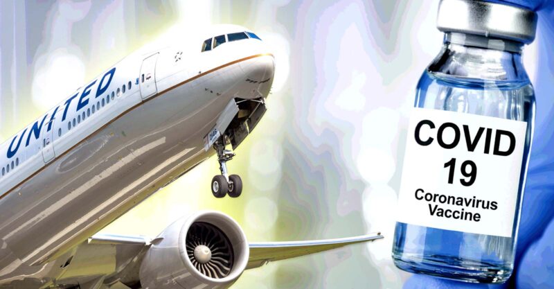 united airline plane and covid vaccine bottle