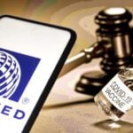 gavel and covid vaccine bottles with united airlines logo