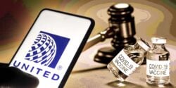 gavel and covid vaccine bottles with united airlines logo