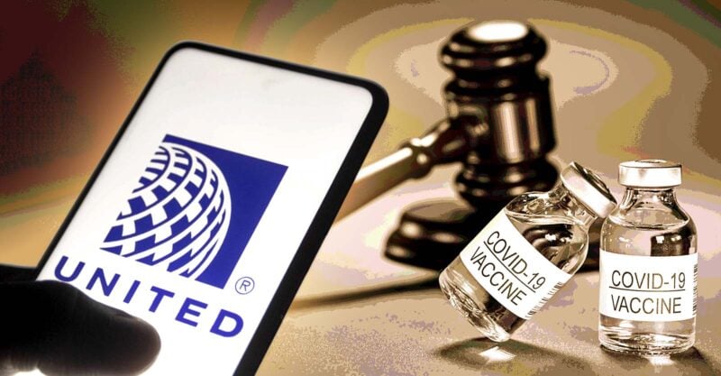 gavel and covid vaccine bottles with united airlines logo