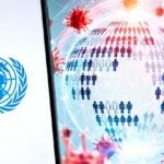 UN logo and globe with people and virus proteins