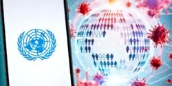 UN logo and globe with people and virus proteins