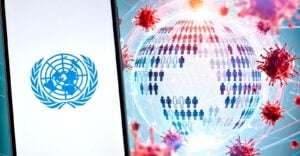 UN logo and globe with people and virus proteins
