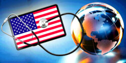 united states flag on tablet and globe