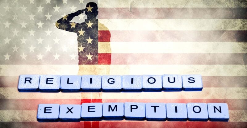 u.s. flag and words "religious exemption"