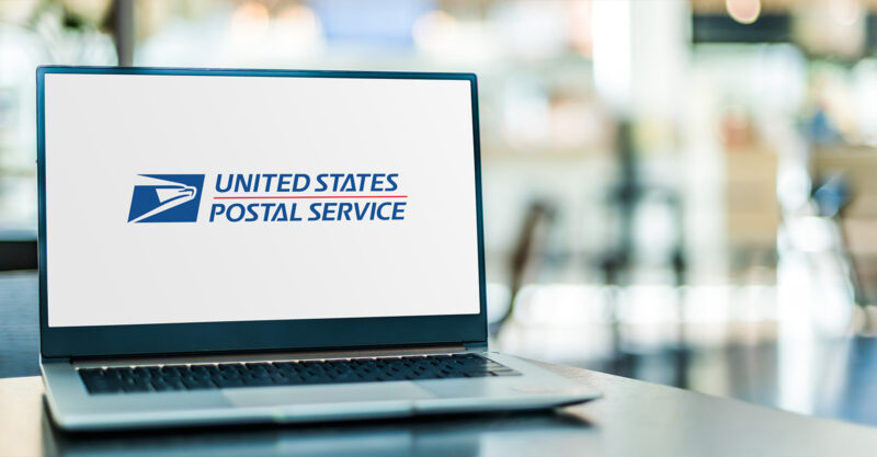 Laptop displaying logo of The United States Postal Service
