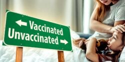 mom taking daughter's temperature and words "vaccinated" and "unvaccinated"
