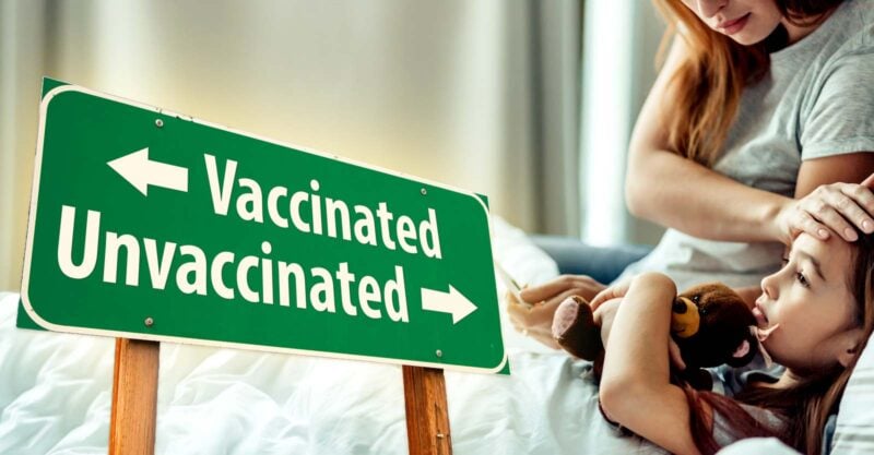 mom taking daughter's temperature and words "vaccinated" and "unvaccinated"