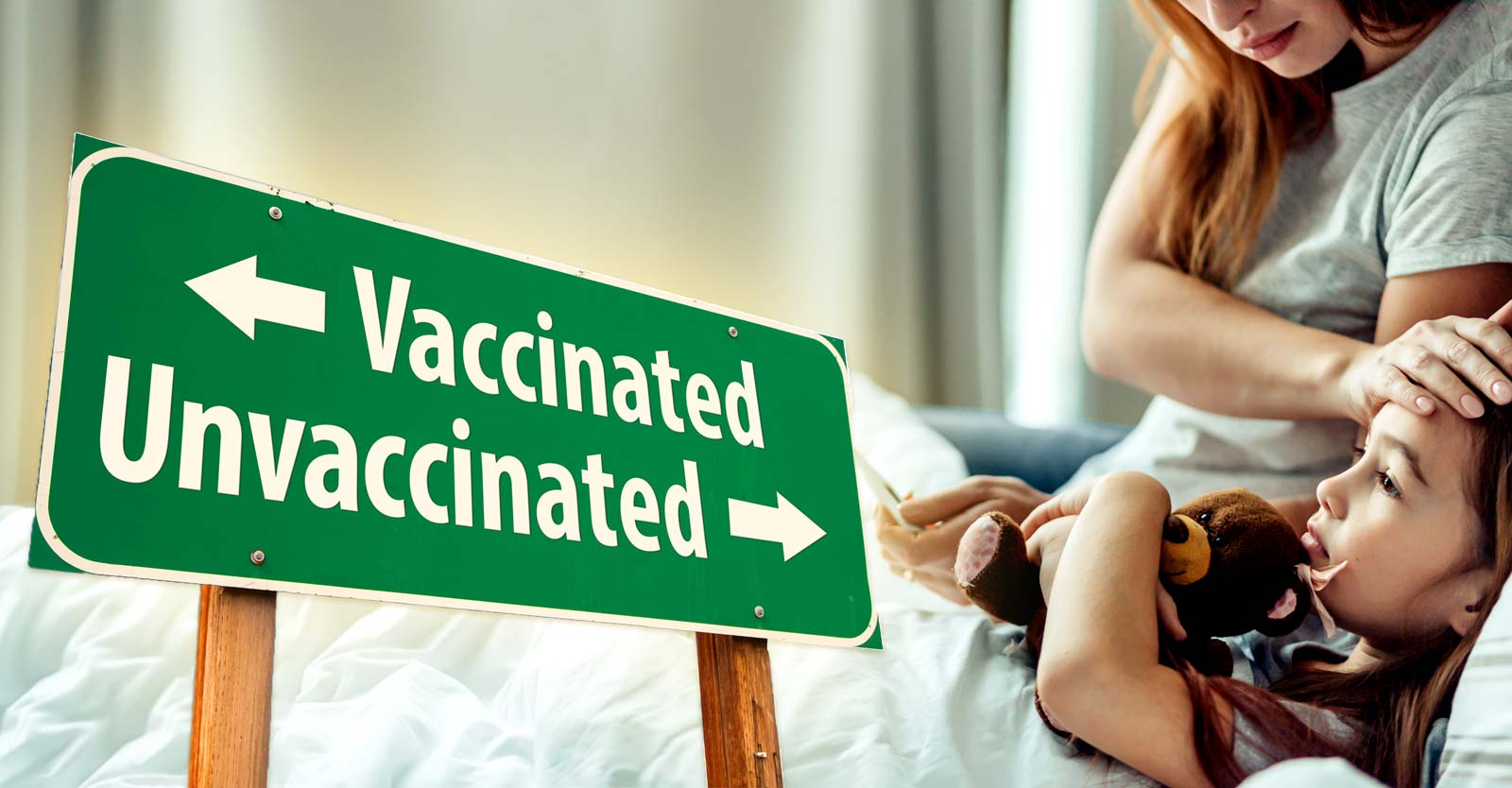 mom taking daughter's temperature and words "vaccinated" and "unvaccinated"