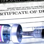 death certificate and covid vaccine bottle