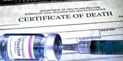 death certificate and covid vaccine bottle