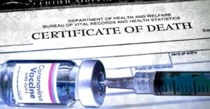death certificate and covid vaccine bottle