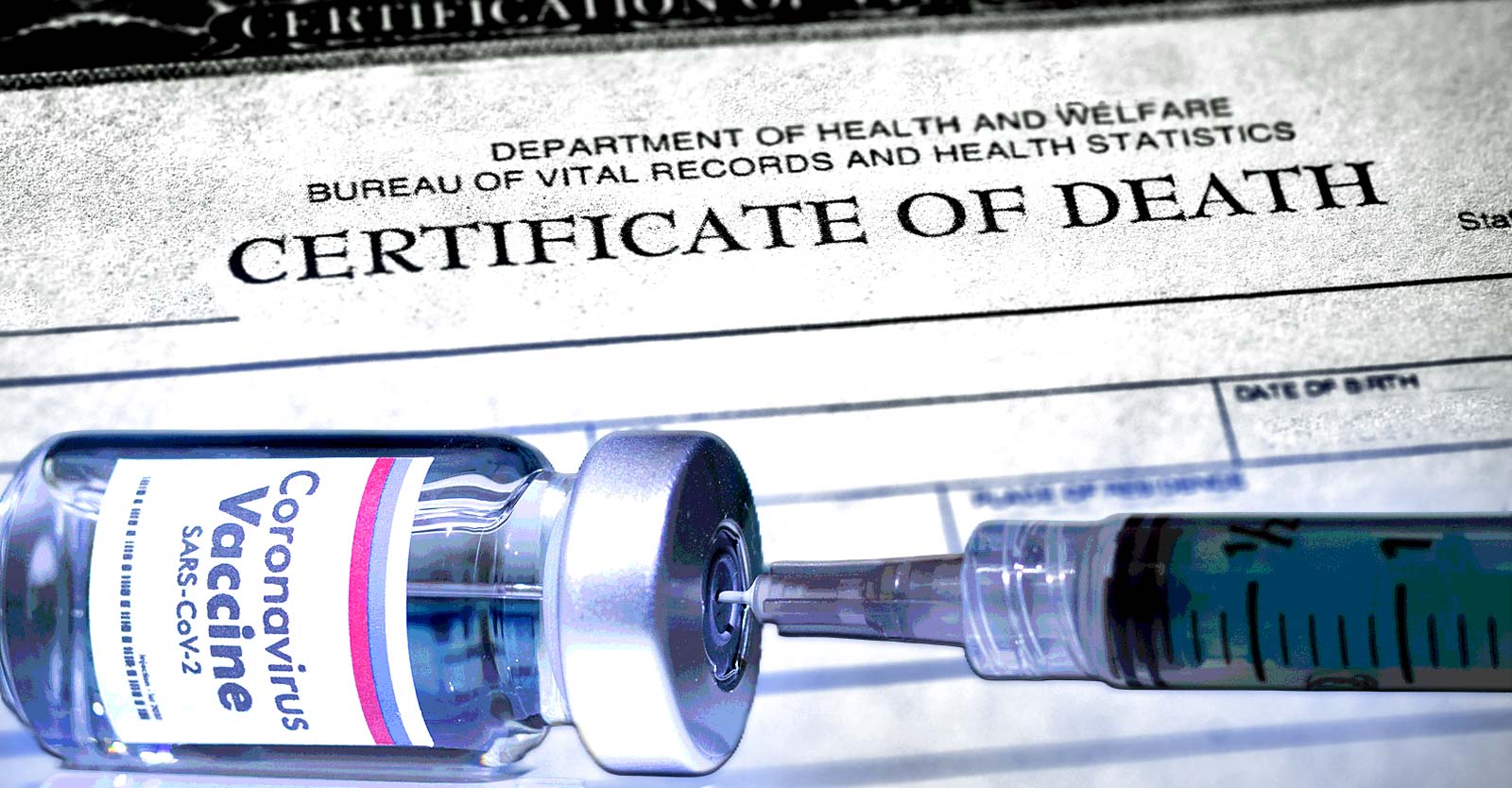 death certificate and covid vaccine bottle