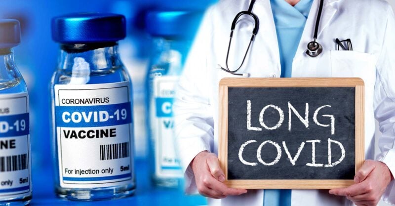 covid vaccines and doctor holding sign that reads "long covid"