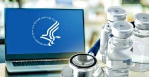 hhs logo and vaccine bottles