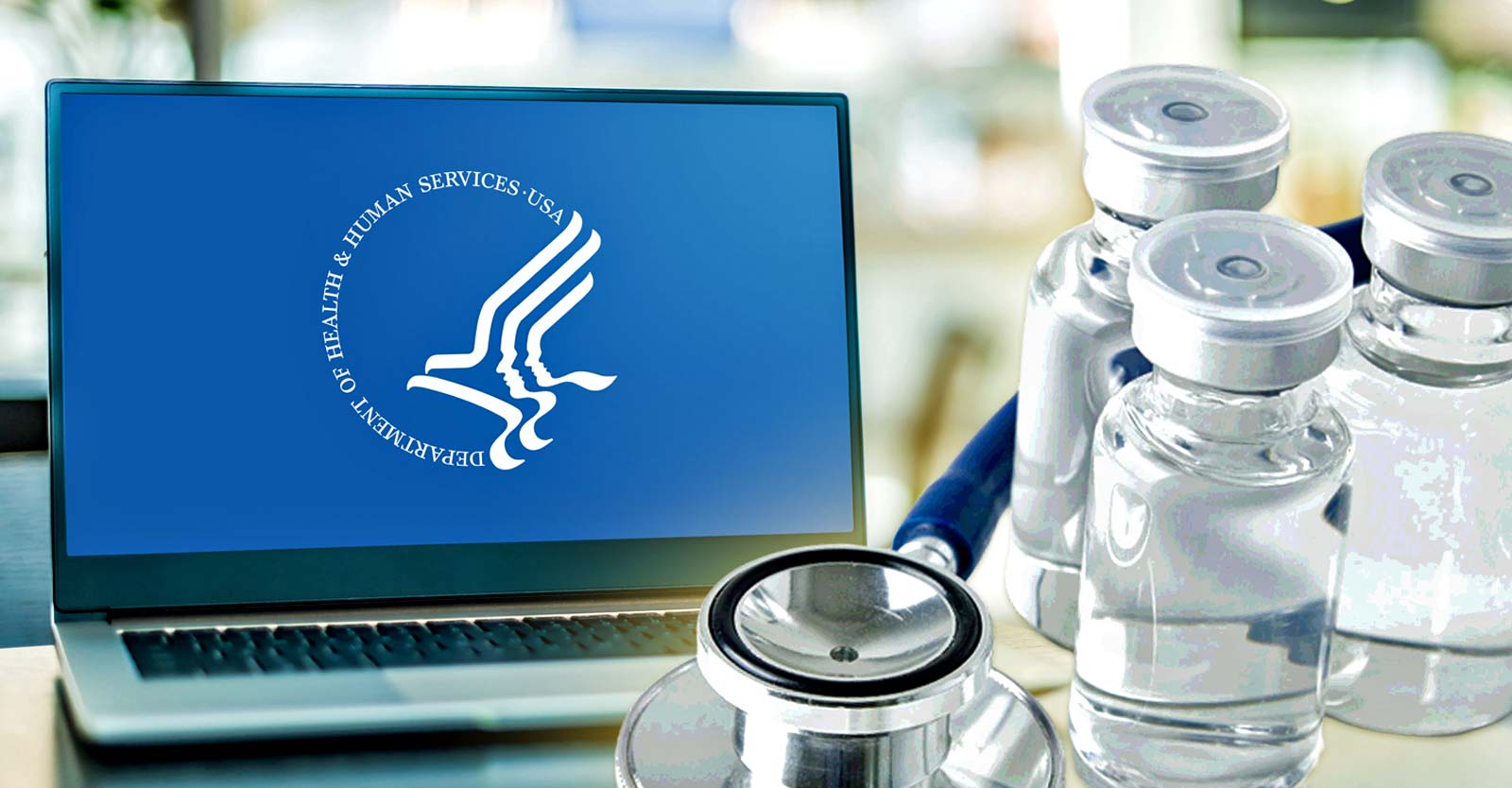 hhs logo and vaccine bottles