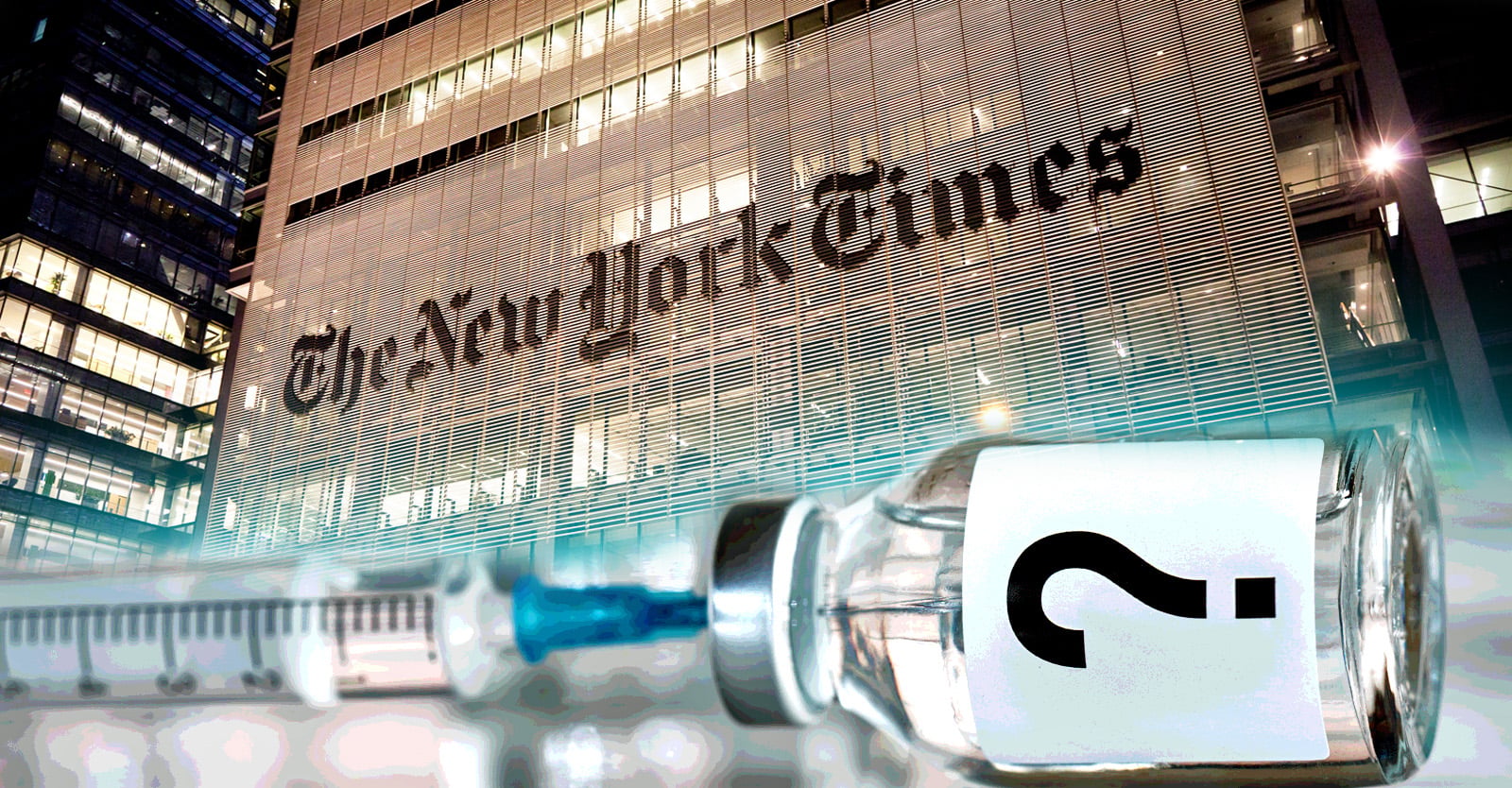 new york times building and vaccine bottle