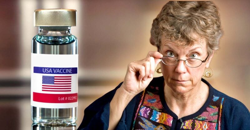 vaccine bottle and woman who is skeptic