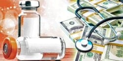 vaccine bottles and money with a stethoscope