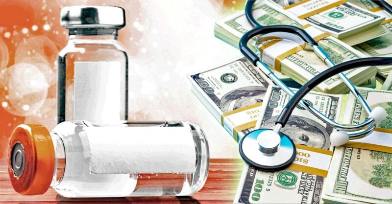 vaccine bottles and money with a stethoscope